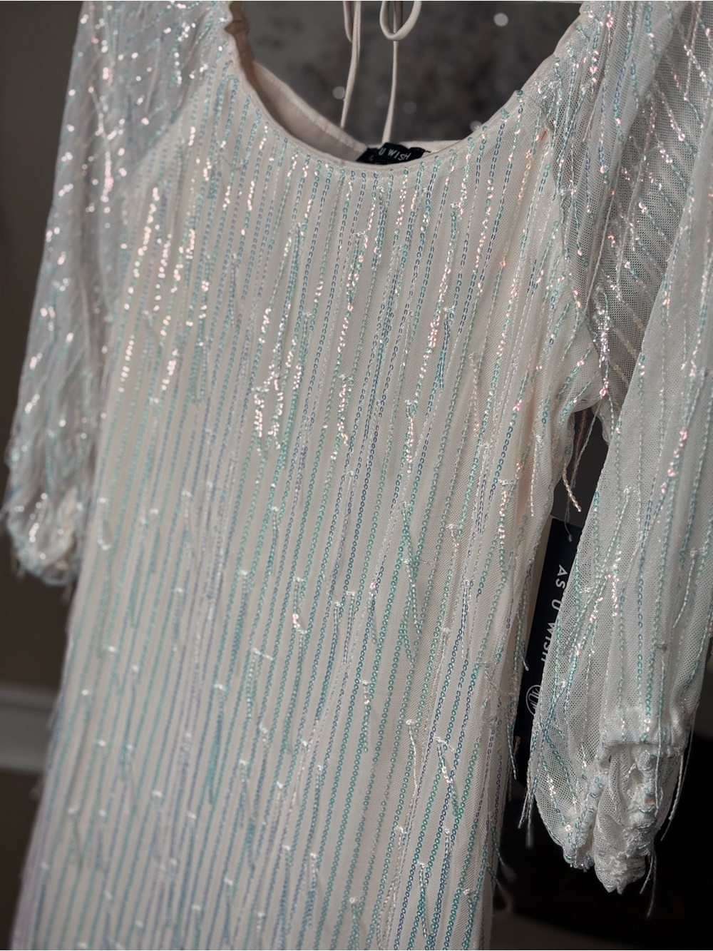 As U Wish Women's Iridescent Sequin Long Sleeve Top - White
